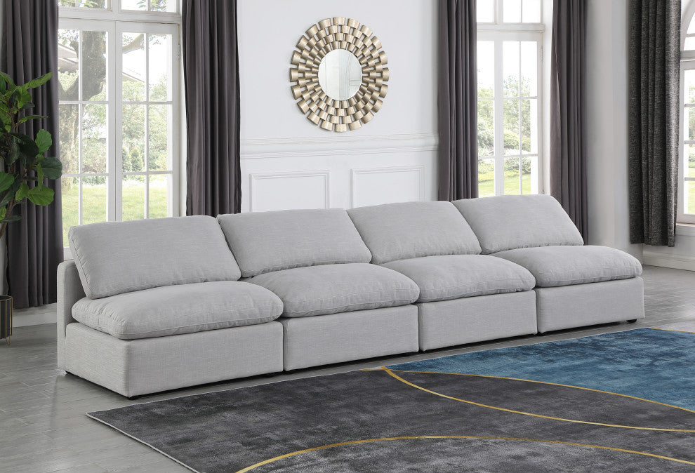Indulge Upholstered Modular Sofa, Grey, 4-Piece: 4 Armless Chair, Down Stuffed Linen Textured Fabric