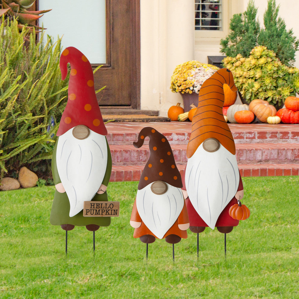 Fall Metal Gnome Family Yard Stake or Wall Decor or Standing Decor, Set of 3