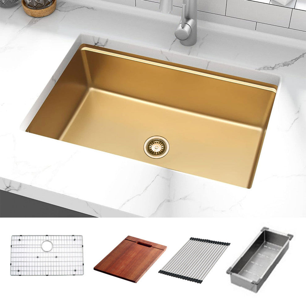 HIGOLD Single Bowl Undermount Kitchen Sink, Nano, PVD Gold, Accessories included
