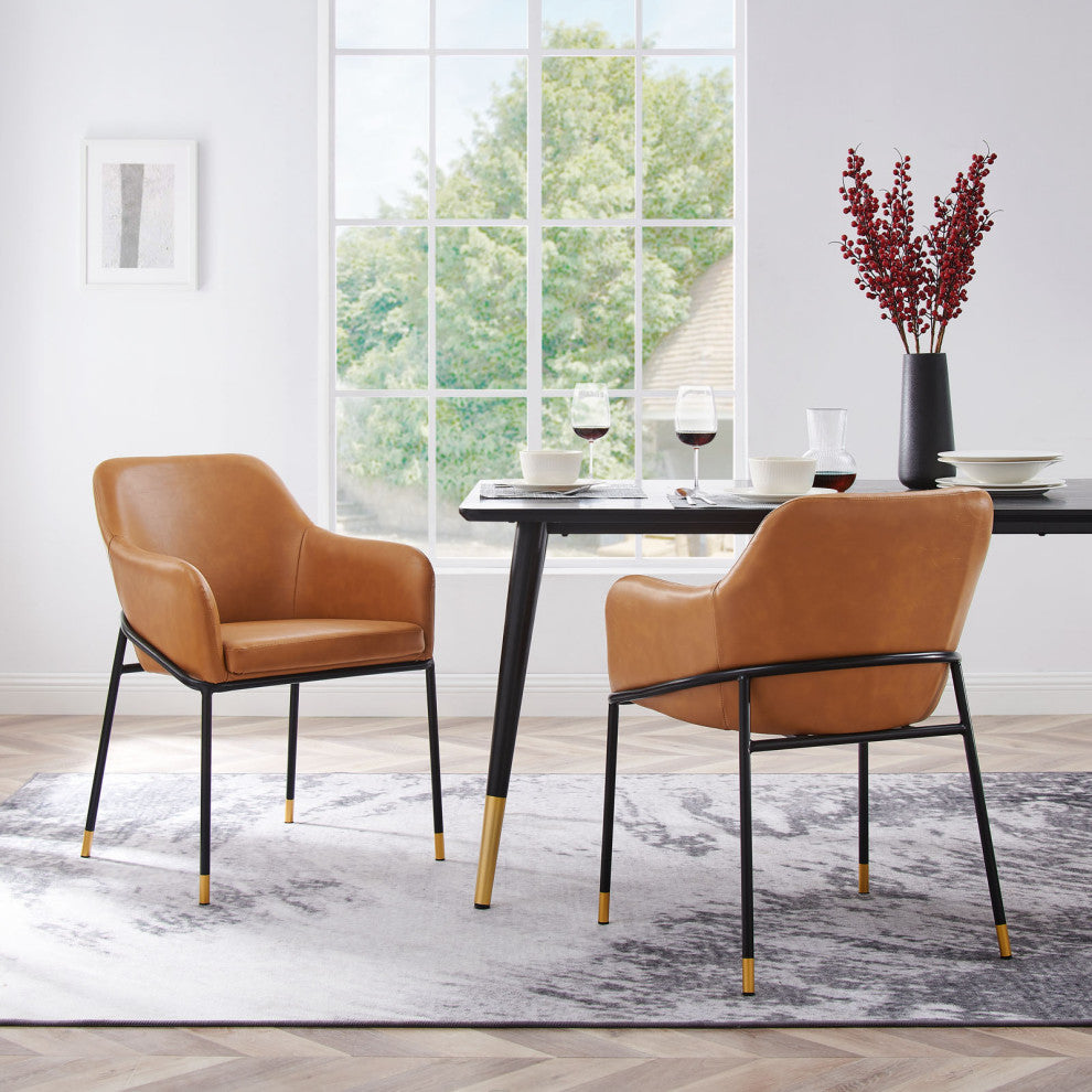 Dining Chair, Set of 2, Tan Black, Vegan Leather, Modern Bistro Hospitality