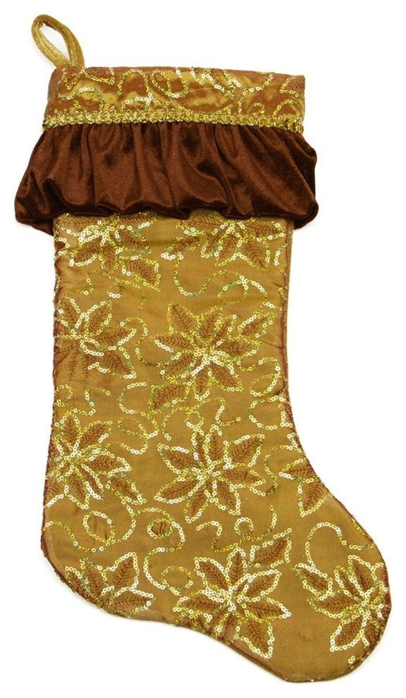 19" Gold Sequined Floral Christmas Stocking With Venetian-Style Ruffle Cuff