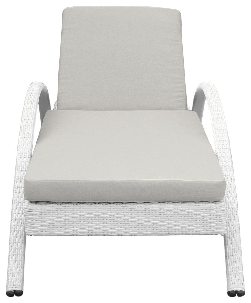 Aloha Adjustable Patio Chaise Lounge Chair, White Wicker and Grey Cushions