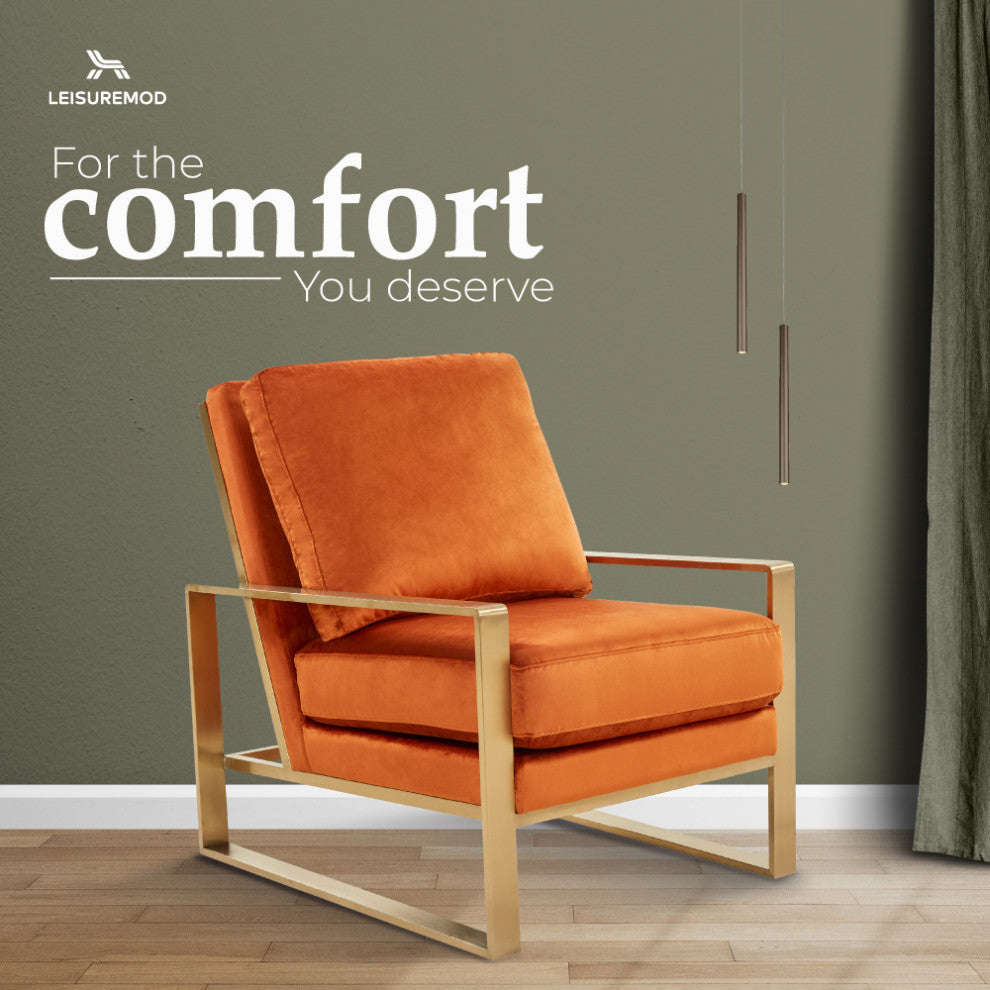 LeisureMod Jefferson Velvet Accent Armchair With Gold Frame, Orange Marmalade
