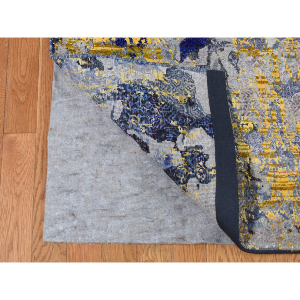 Laguna Yellow, Modern Design, Silk With Wool, Hand Knotted Rug, 8'10"x12'5"