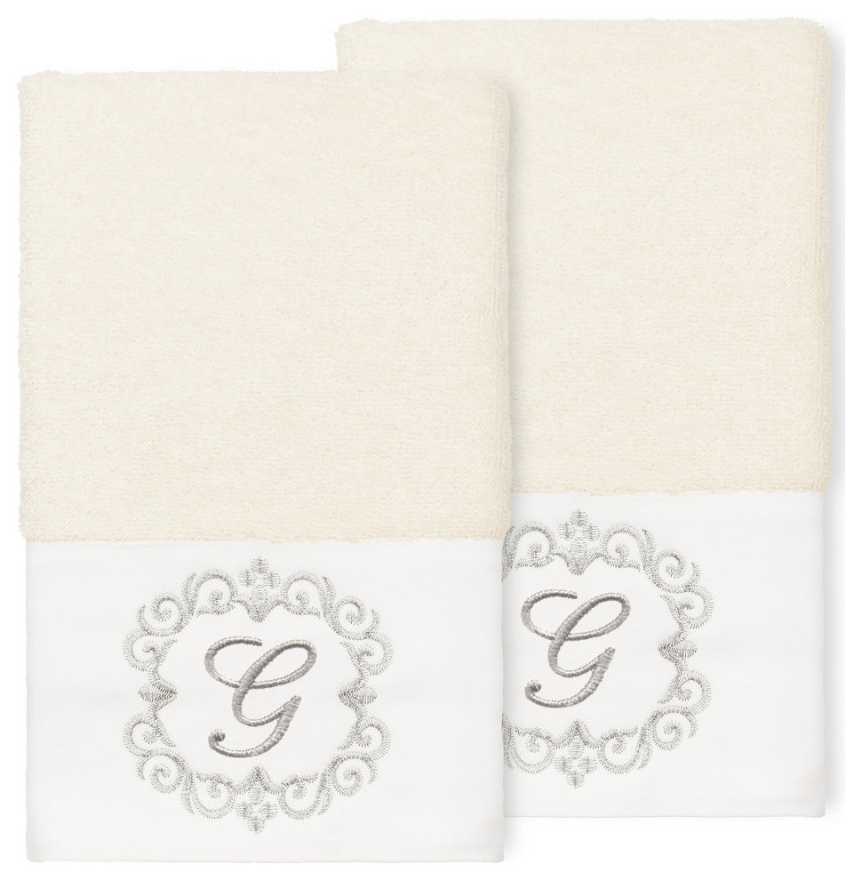 Linum Home Turkish Cotton Monica 2-Piece Embellished Hand Towel Set, Cream