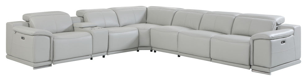 Federico 7-Piece L-Shaped Top Grain Italian Leather Sectional-4 Power Recliners, Light Gray