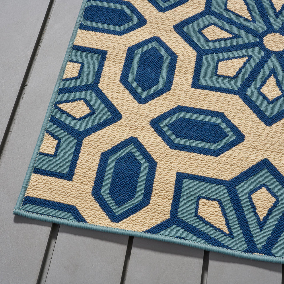 GDF Studio Jacobs Outdoor Geometric  Area Rug, Ivory and Blue, 8'x11'