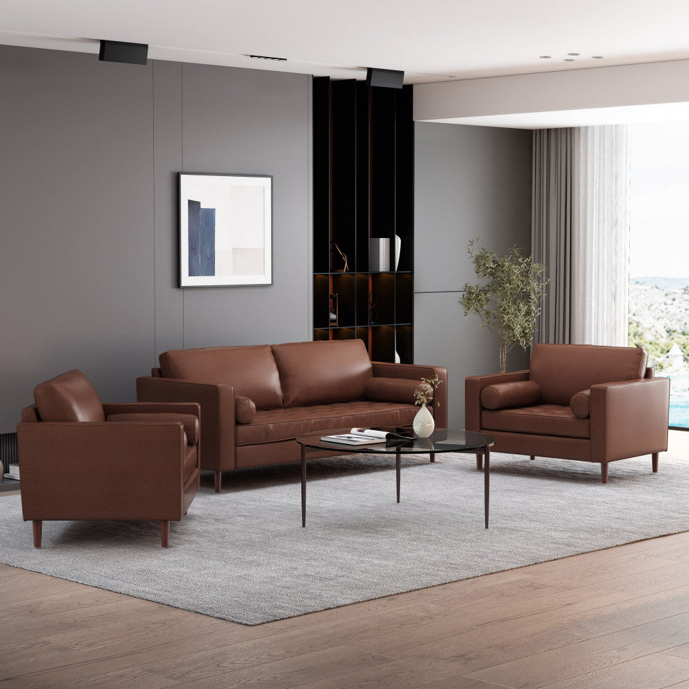 Hixon Faux Leather Tufted 3 Piece Sofa and Club Chair Set, Dark Brown + Espresso