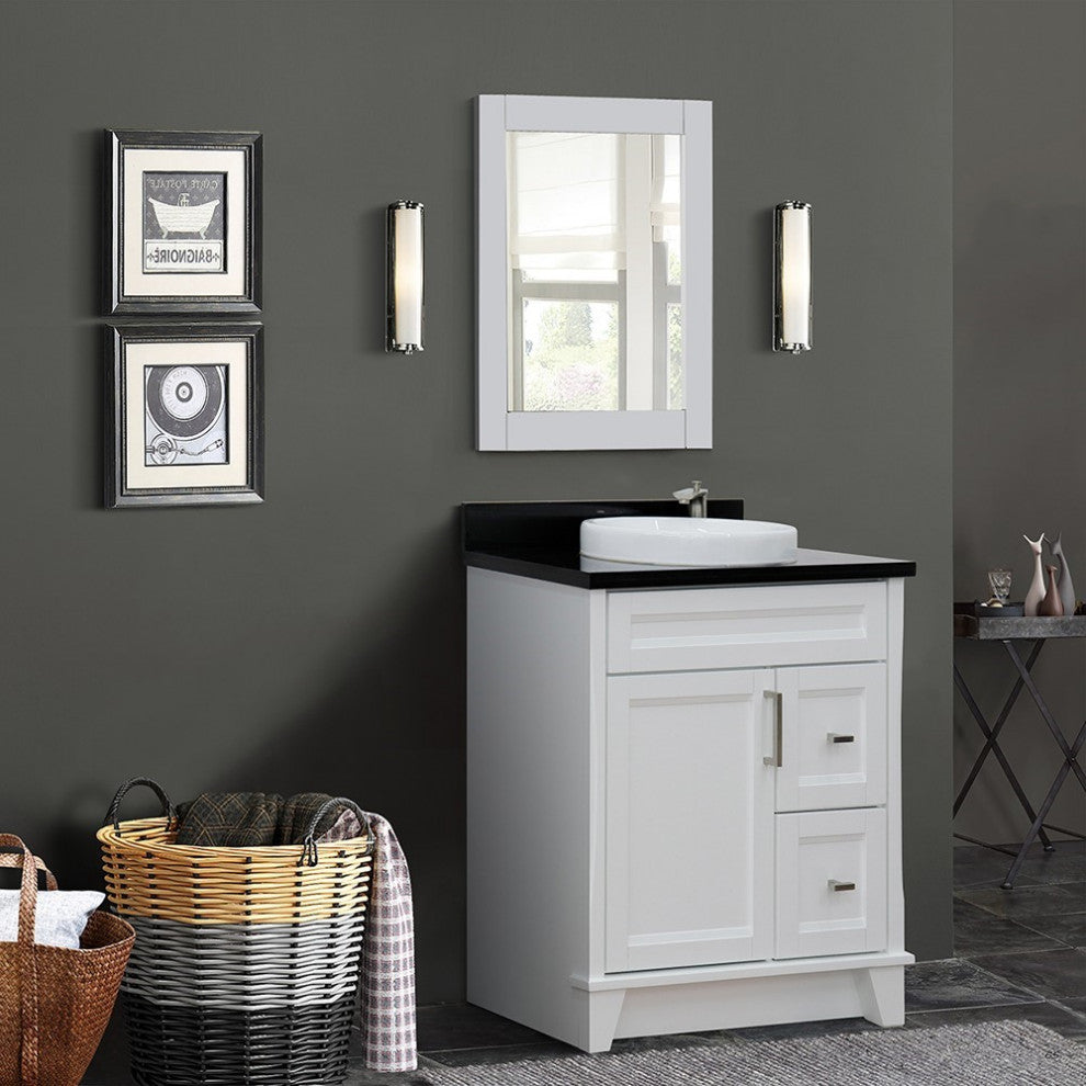 31" Single Sink Vanity, White Finish With Black Galaxy Granite With Round Sink