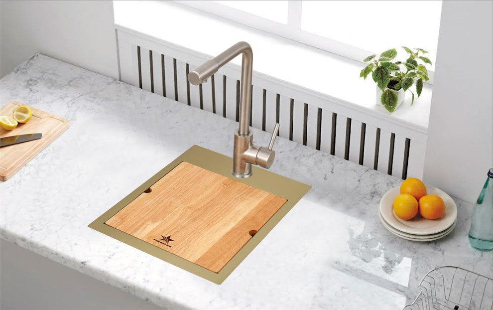 Workstation Top Mount/Drop-in Matte Stainless Steel Sink, Gold, 18x18x10