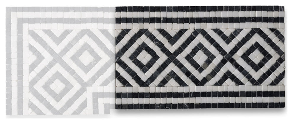 Guitam Black White 7.1x11.7 Marble Mosaic Border Listello Tile Tumbled, 1 piece