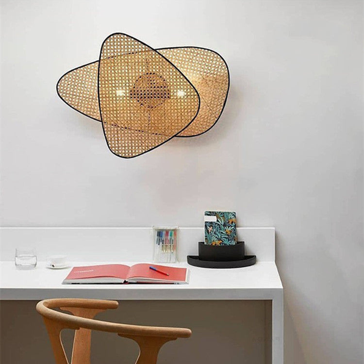 French Designer Wall Lamp with Hand Made Rattan Wicker for Bedroom, Double Head, Warm Light