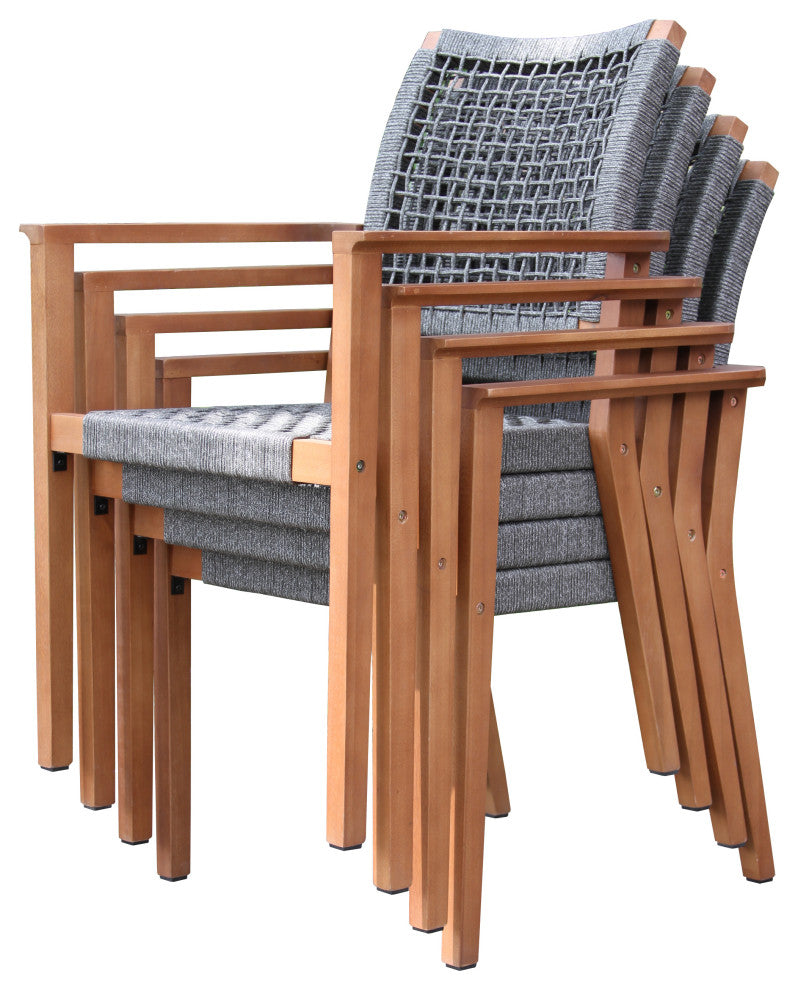 6-Piece Eucalyptus and Composite Dining Set With Bench and Stacking Armchairs