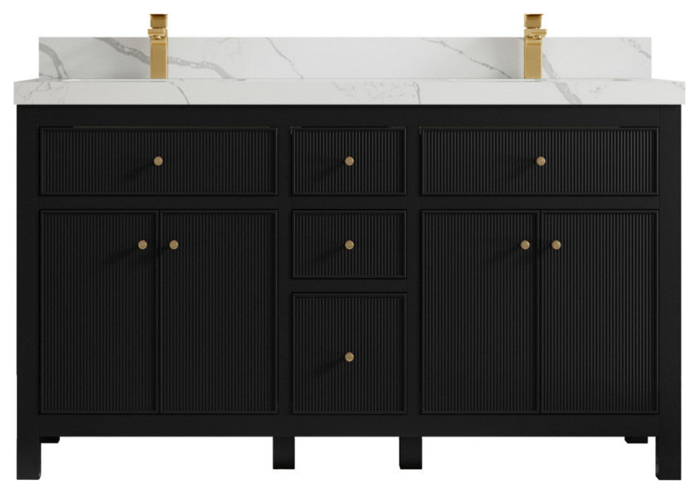 Sonoma 60 Double Sink Reeded Bathroom Vanity in Black 2" Calacatta Laza