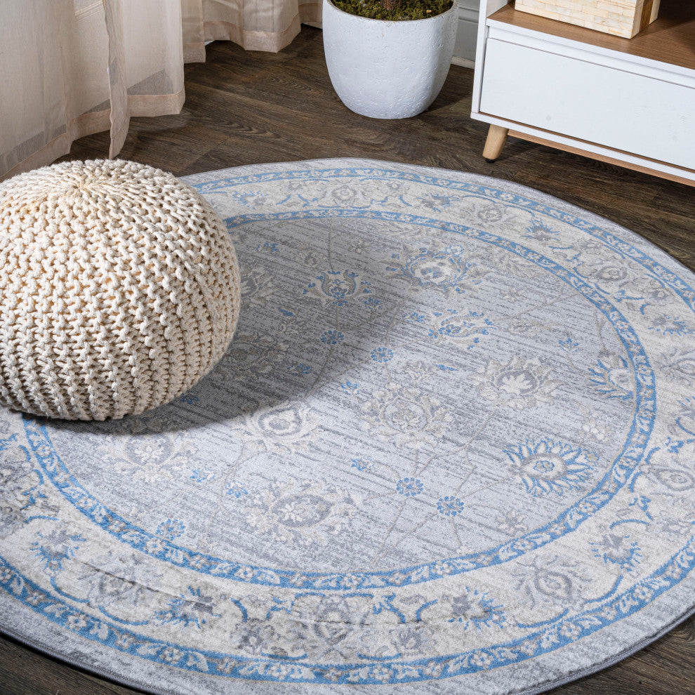Modern Persian Moroccan Gray/Blue 6' Round Area Rug