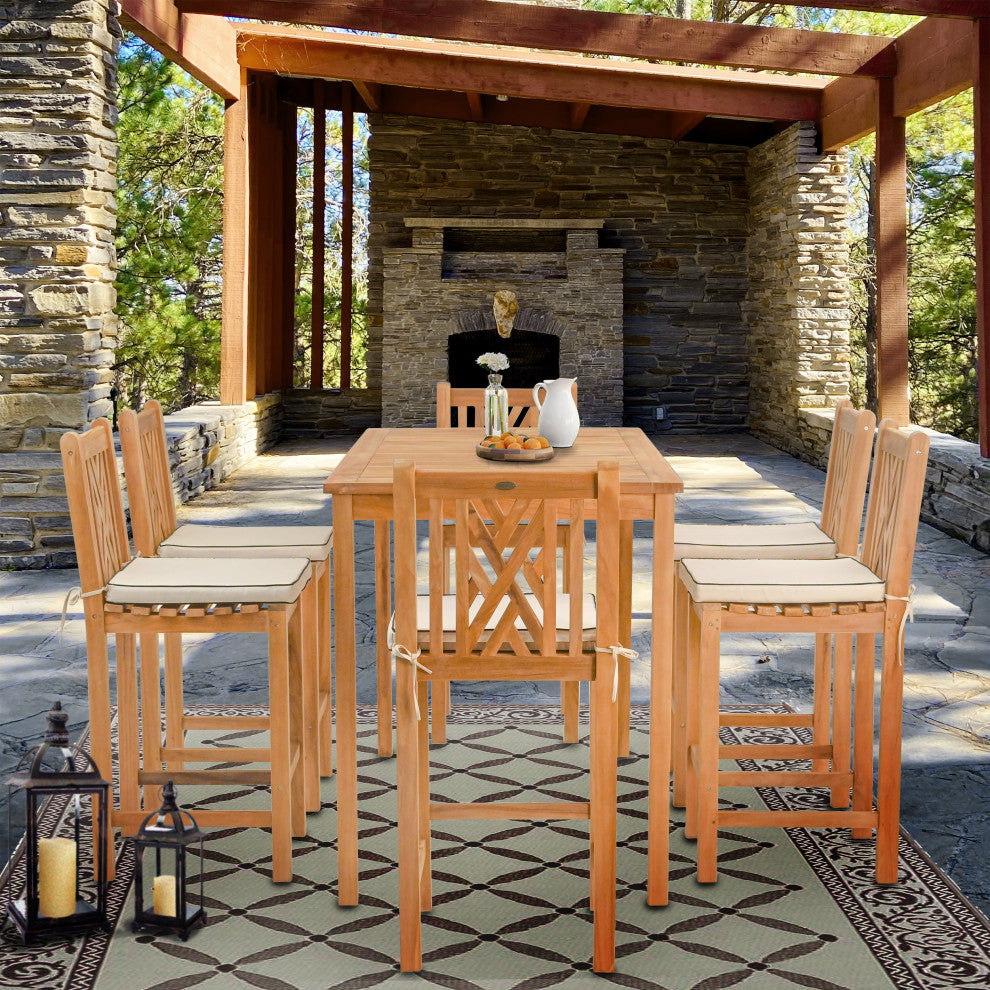 7 Piece Wood Chippendale 71" Rectangular Bistro Bar Set including 6 Bar Chairs