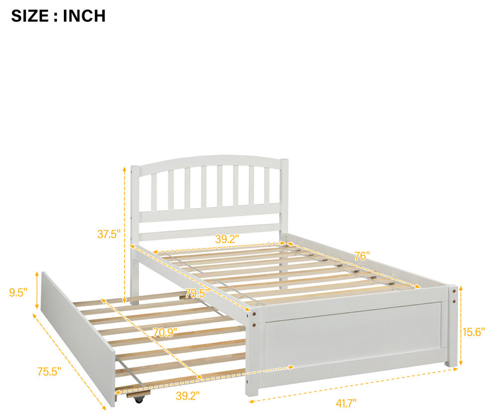 TATEUS Twin Platform Bed With Trundle, Wood Bed Frame With Headboard, White