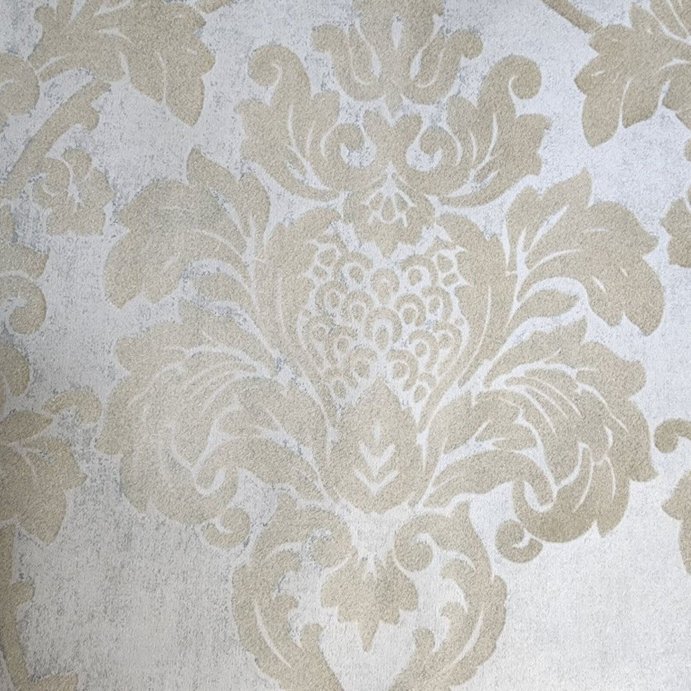 Wallpaper flocking rustic beige Flocked vintage damask velvet wallcoverings roll, Double Roll 57.4 Sq.ft