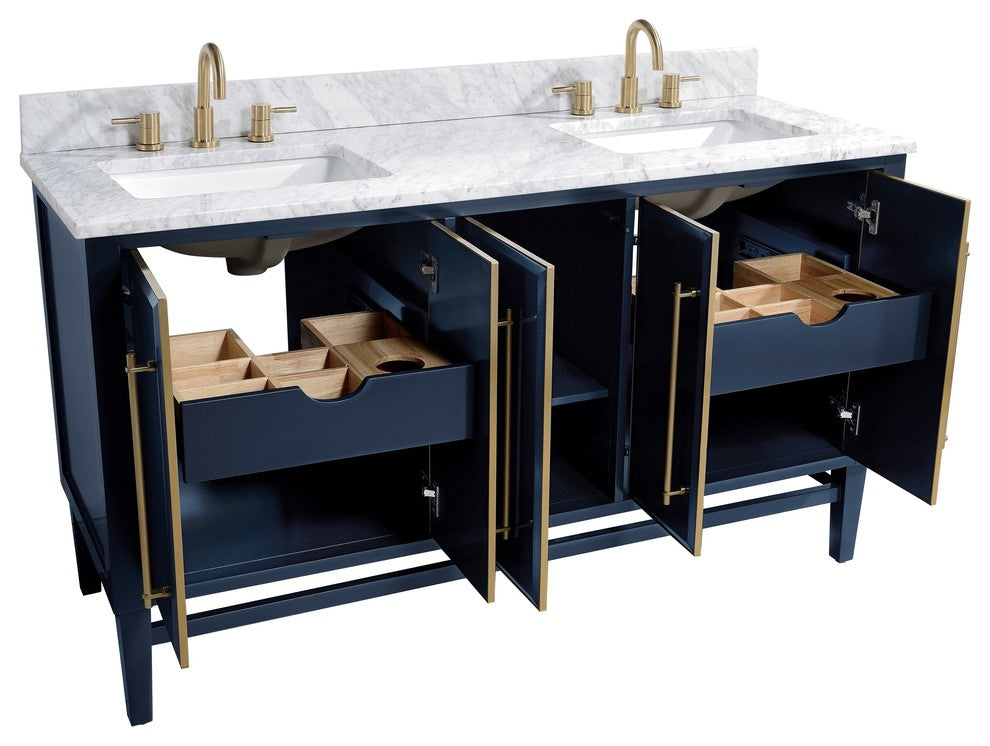 Mason 61" Vanity Combo, Navy Blue, Matte Gold Hardware / Natural 1" Carrara White Marble Countertop and Backsplash