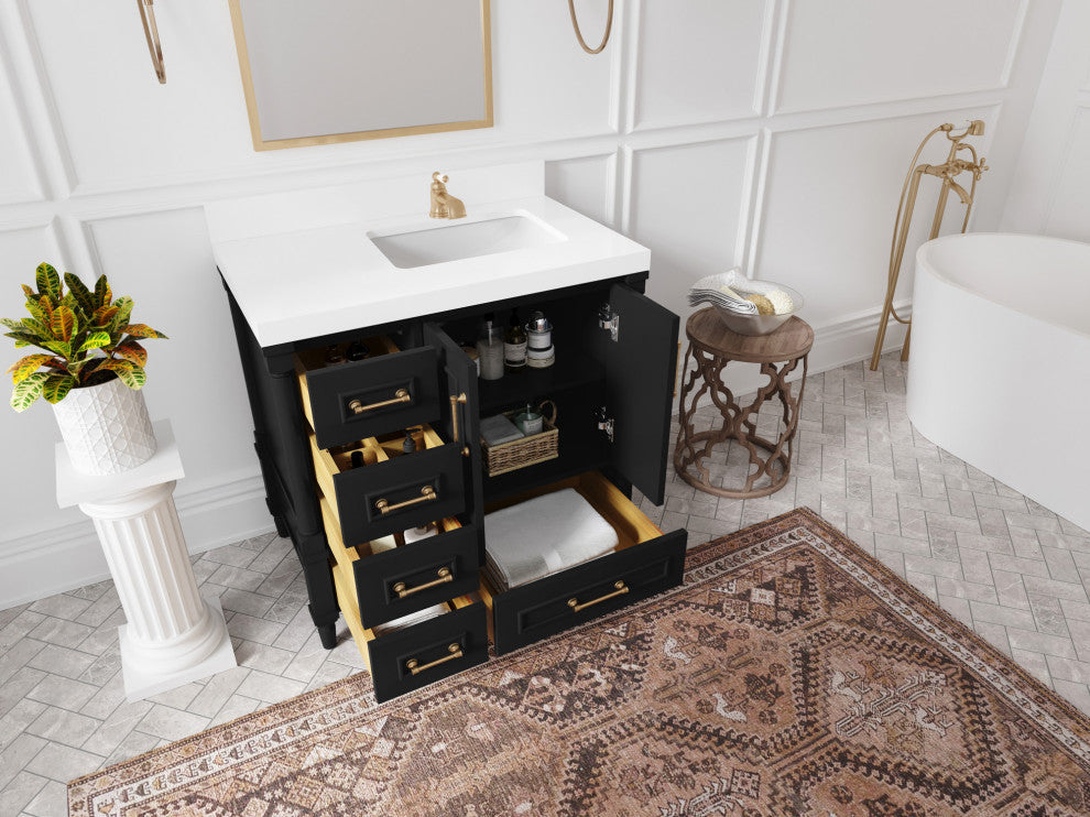 Aberdeen 36 Right Offset Bath Vanity in Black 2" White Quartz