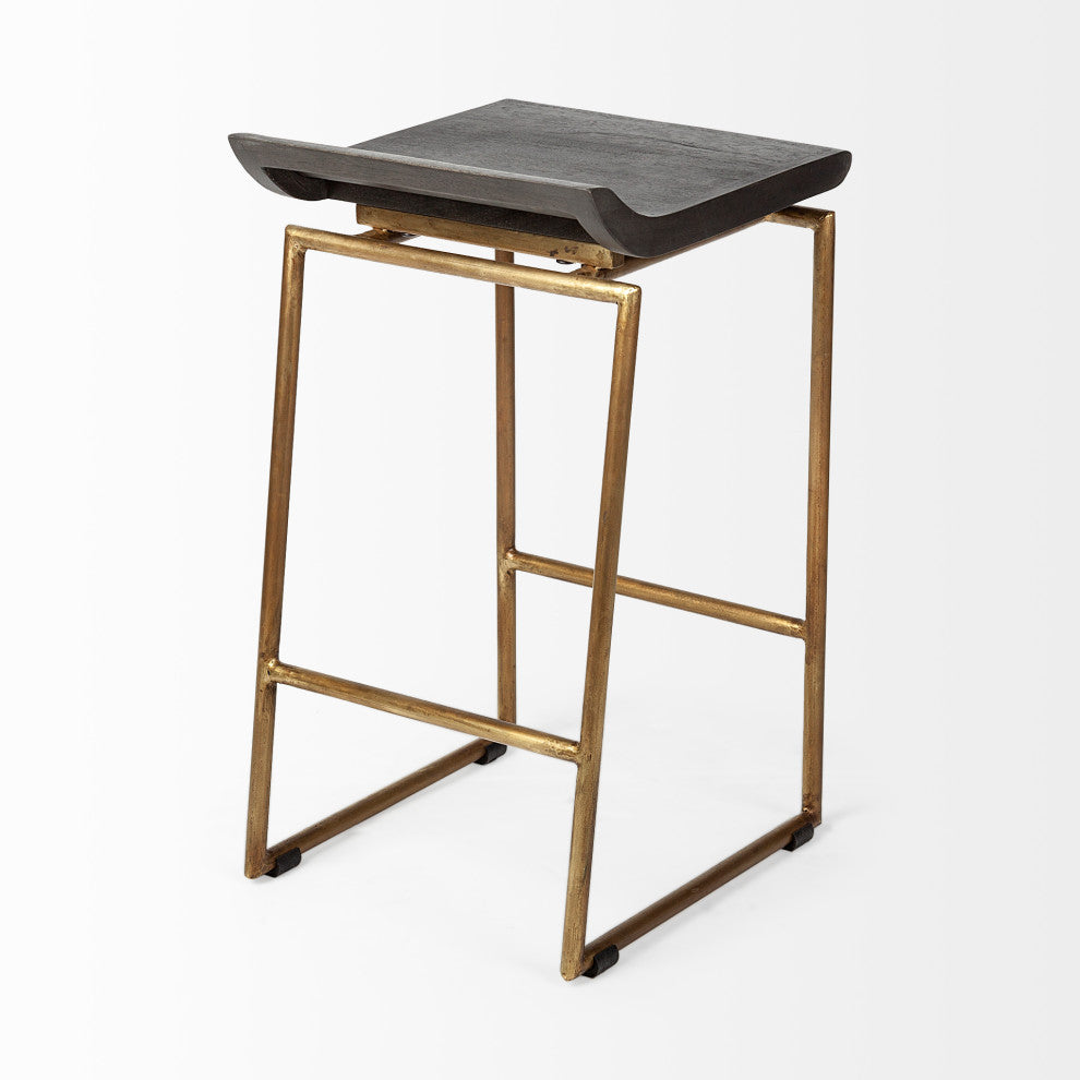 Givens Dark Brown Solid Wood Seat with Gold Metal Frame Counter Stool