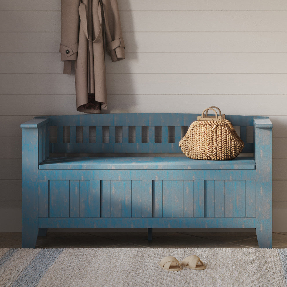 Acadian Solid Wood Entryway Storage Bench, Distressed Coastal Blue