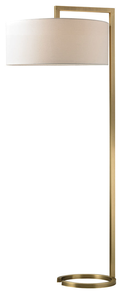 2-Light Ring Base Floor Lamp Antique Brass White Linen Shade
