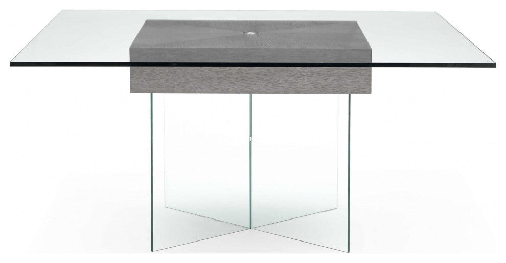 63" X 63" X 30" Gray Oak Veneer Glass Dining Table