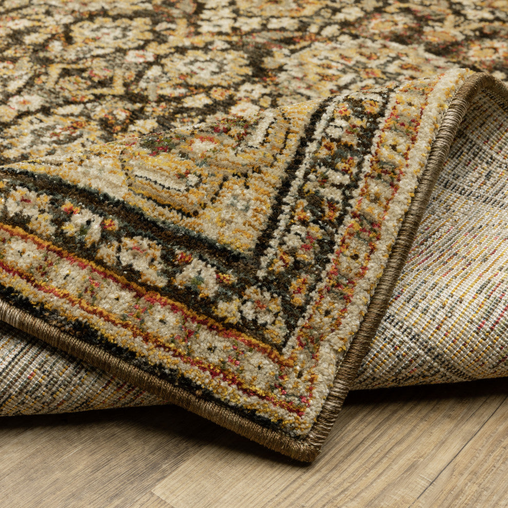 Adeline Bordered Traditional Brown/ Gold Area Rug 8'6" x 11'7"
