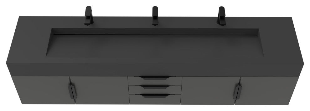 CastelloUSA Nile 84" Wall Mounted Bathroom Vanity Set, Black, Black Top, Black Handles