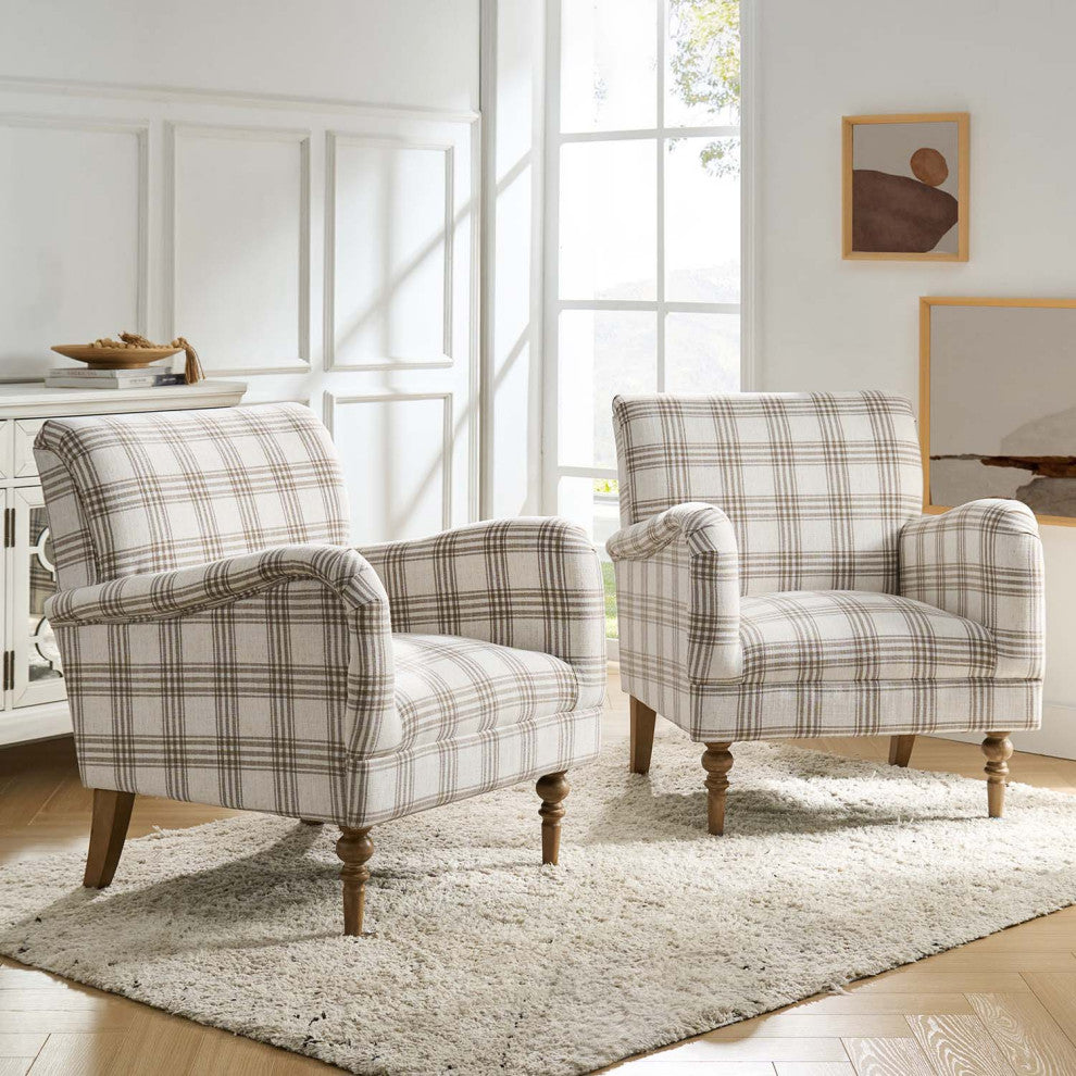 Upholstered Armchair With Checkerboard Pattern, Tan