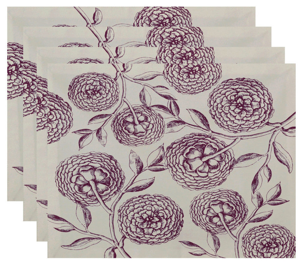 18"x14" Antique Flowers, Floral Print Placemat, Purple, Set of 4