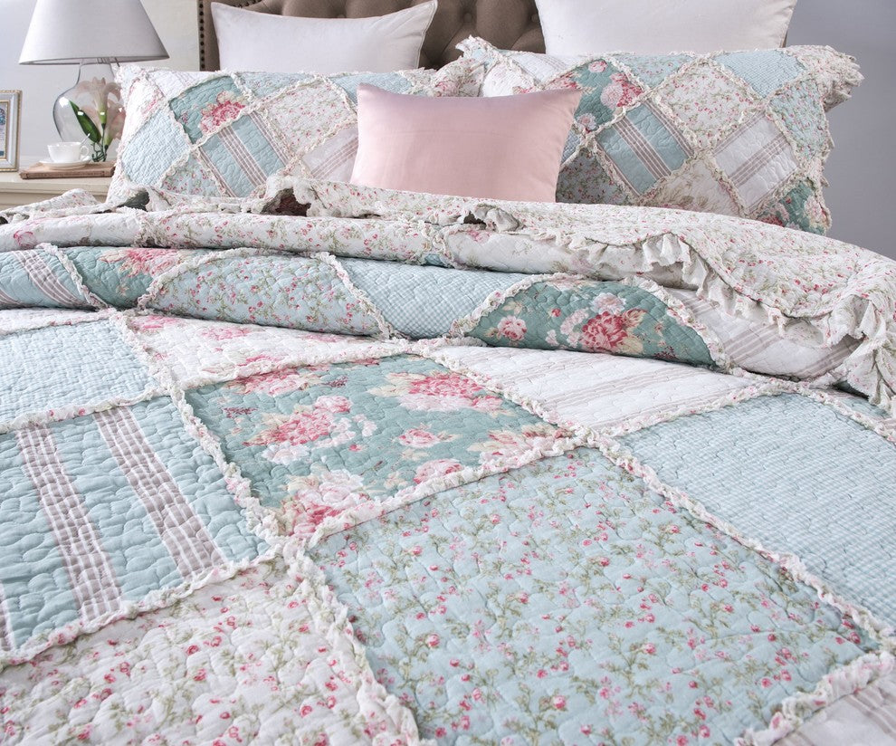 Blue Green Pastel Floral Cotton Patchwork Ruffle Quilted Bedspread Set, Queen