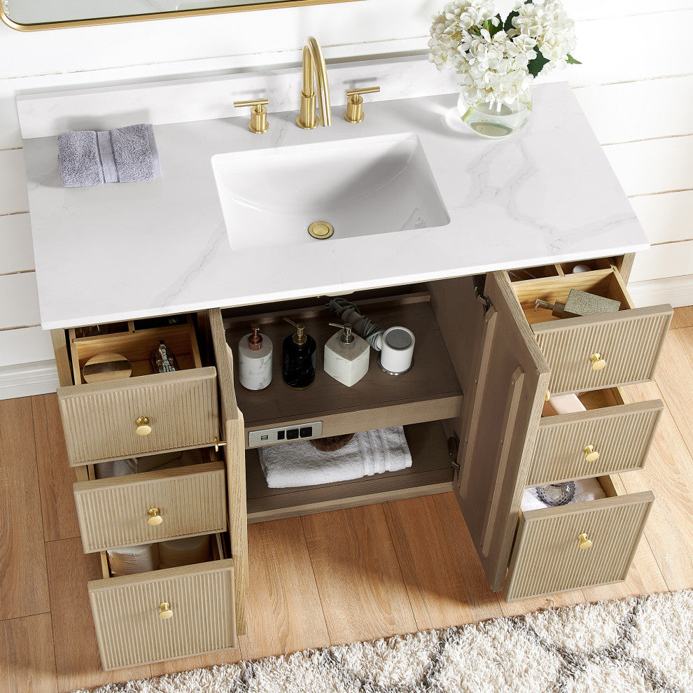 Oza Bath Vanity with Quartz Stone Top, Aged Natural Oak, 48", Single Vanity, With Mirror