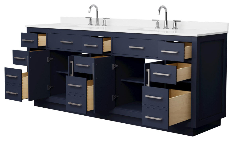 Beckett TK 84" Dark Blue Double Vanity, White Quartz Top, 3-Hole, Nickel Trim