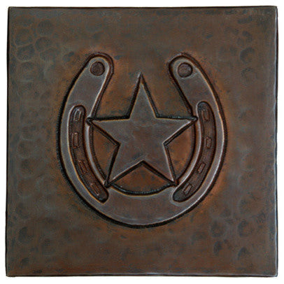 Horse Shoe/Star Design Hammered Copper Tile, 8"x 8"