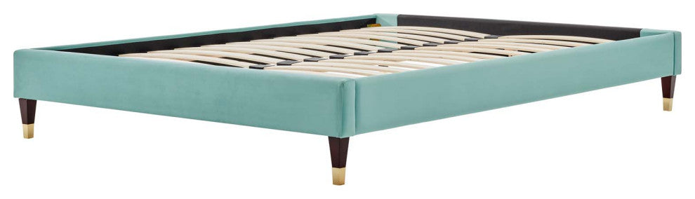 Platform Bed Frame, Twin Size, Velvet, Blue, Modern Contemporary, Bedroom Master