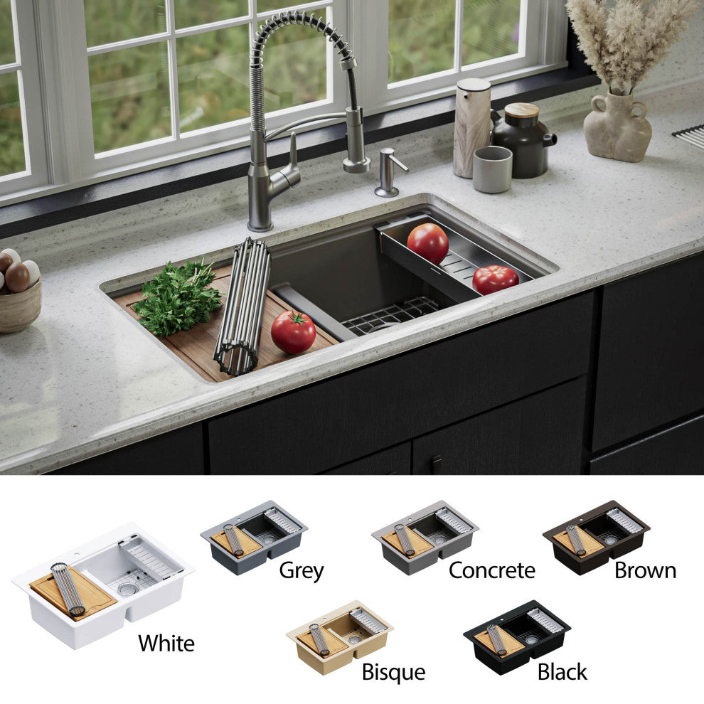 Karran Undermount 32.5 in. Double 50/50 Bowl Workstation Kitchen Sink, Concrete