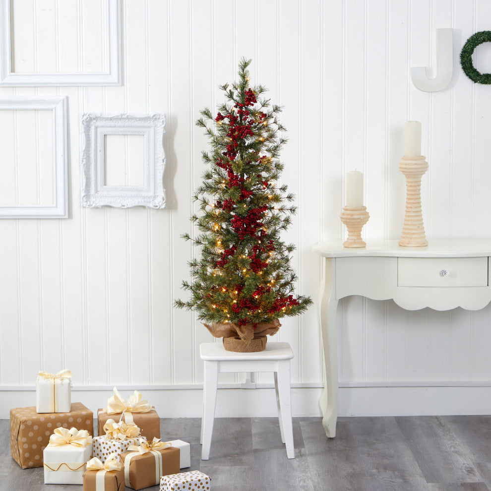 4' Berry and Pine Faux Xmas Tree W/ 100 Warm White Lights & Burlap Wrapped Base