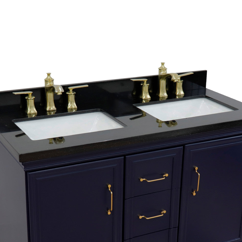 49" Double Vanity, Blue Finish With Black Galaxy And Rectangle Sink