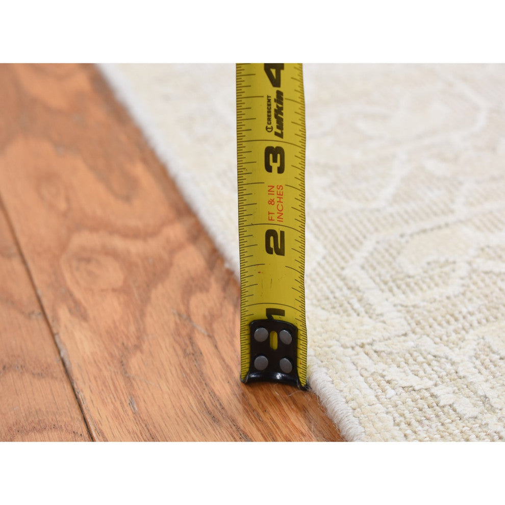 White Hand Knotted Tone on Tone Design Silk With Wool Runner Rug 2'6"x10'1"