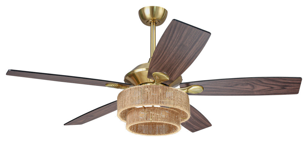 52 in Farmhouse Brushed Gold Ceiling fan with Hemp Rope Shade