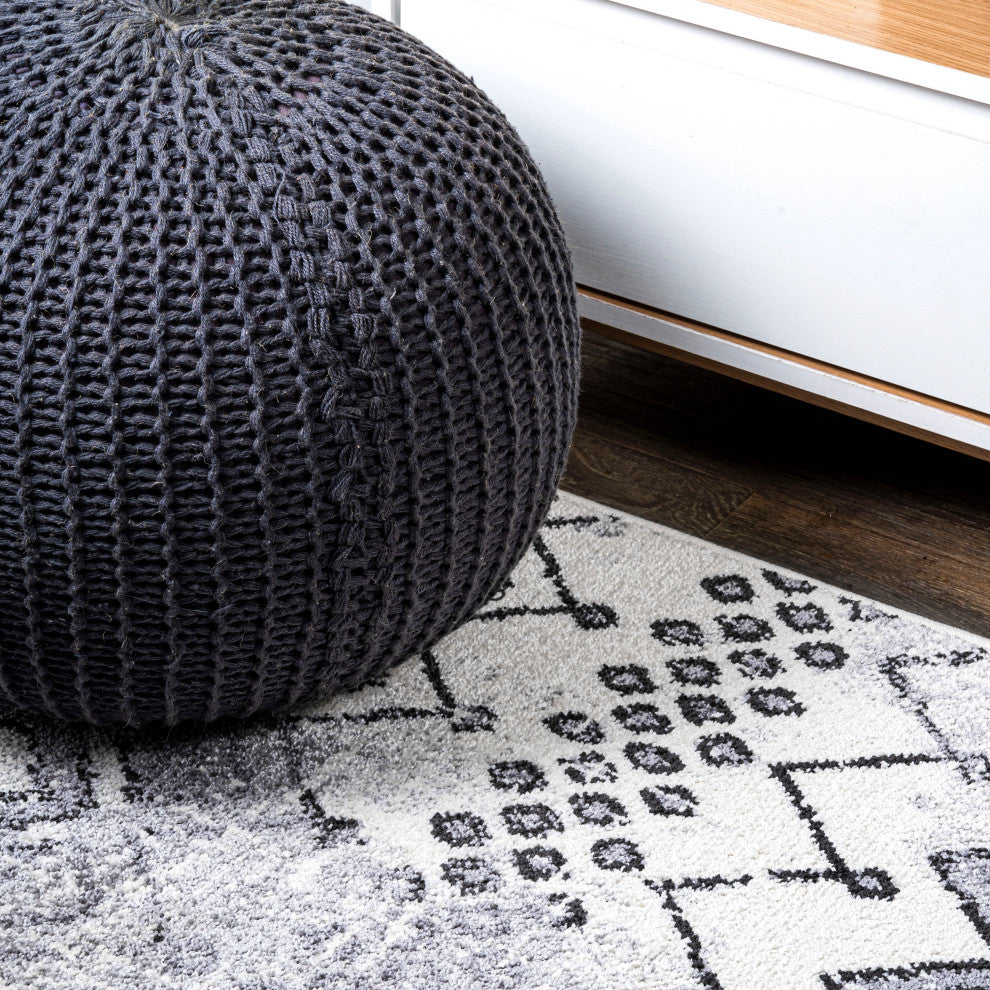 Azmar Moroccan Geometric Distressed Ivory/Black 2 ft. x 8 ft. Runner Rug