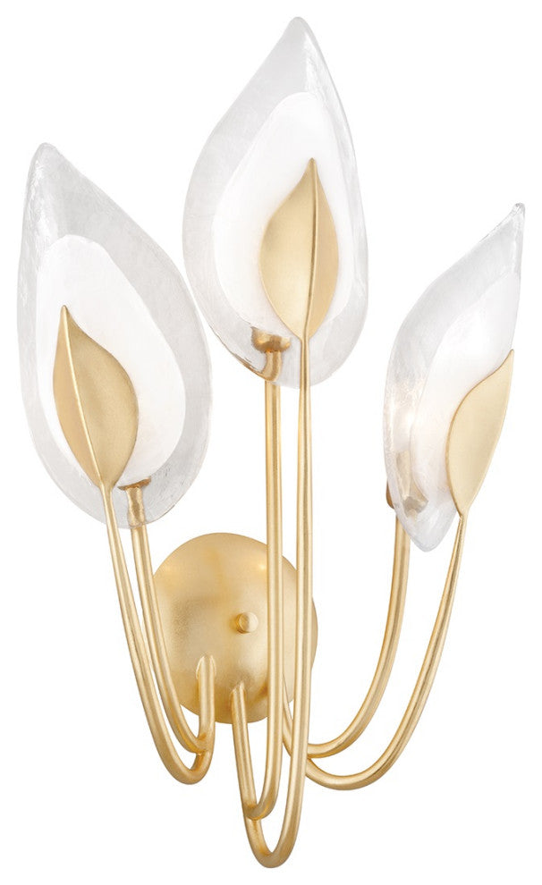 Blossom 3 Light Wall Sconce, Gold Leaf Finish, Clear Glass