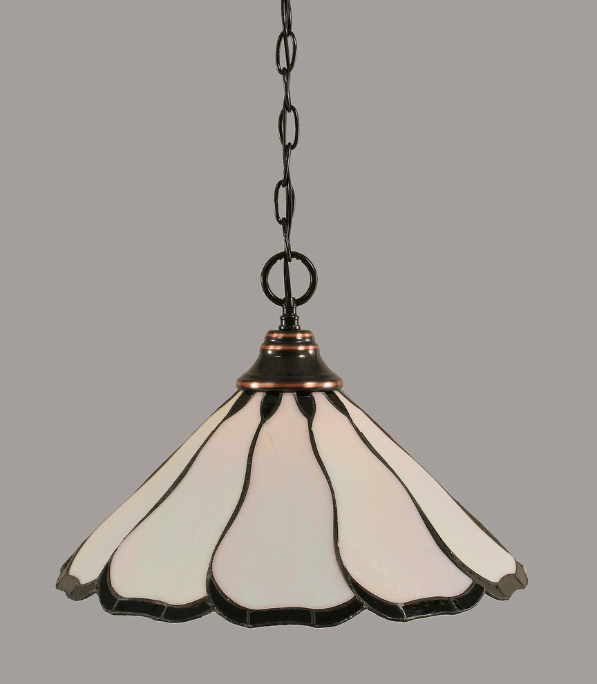 Chain Hung Pendant, Black Copper, 16" Pearl and Black Flair Tiffany