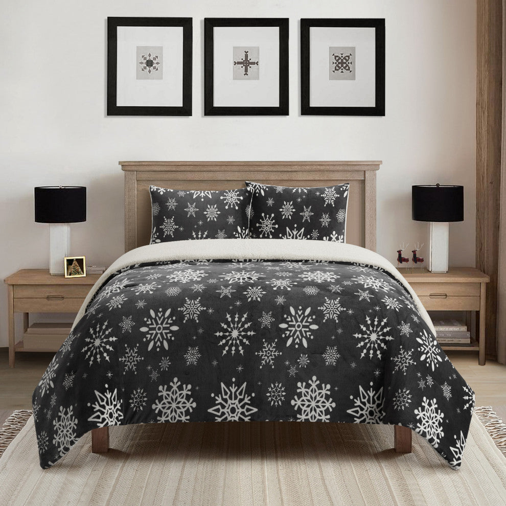 SnowFlakes 3 Piece Sherpa Comforter Set, Queen