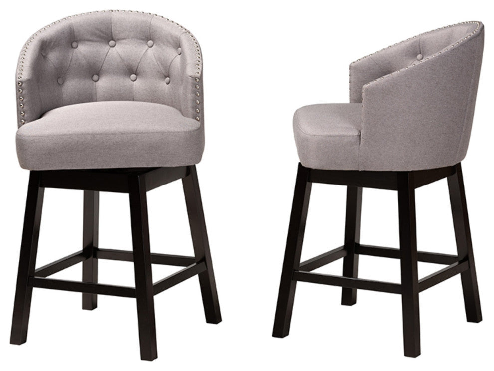 Gray Fabric and Espresso Brown Finished Wood 2-Piece Swivel Counter Stool Set