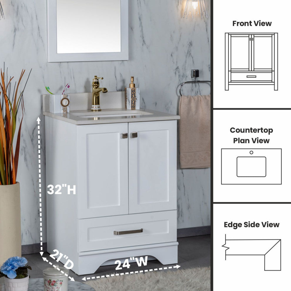 Livia Collection 24" Bath Vanity Quartz Top and Ceramic Sink, White, 24"