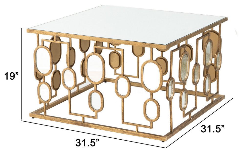 Benzara Coffee Table, Mirror Top, Geometric Patterns, Iron, Modern, Gold
