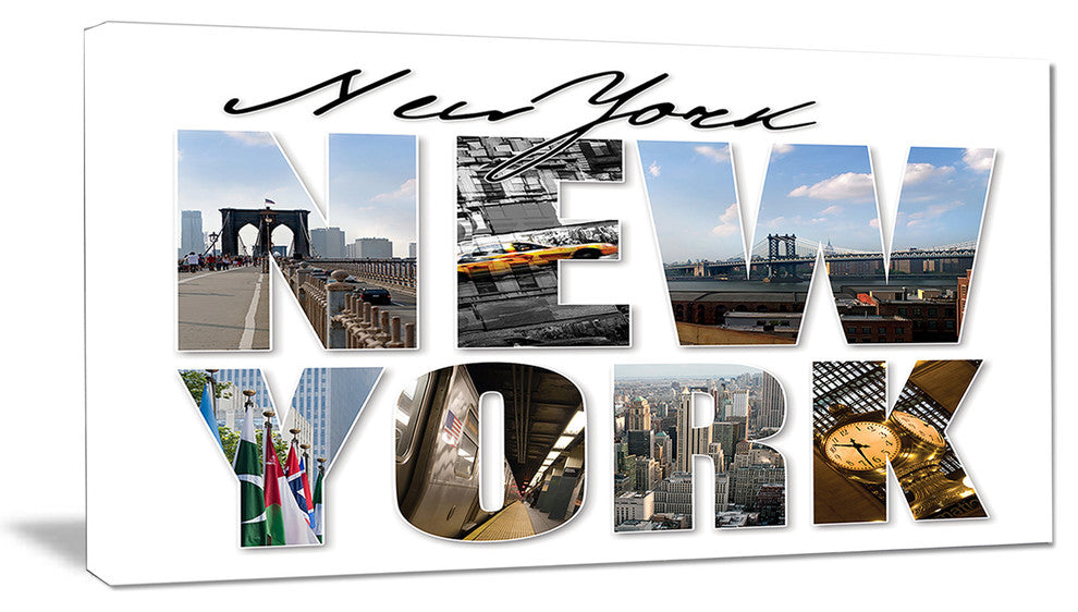 New York City Graphic Montage, Cityscape Canvas Art Print, 32"x16"